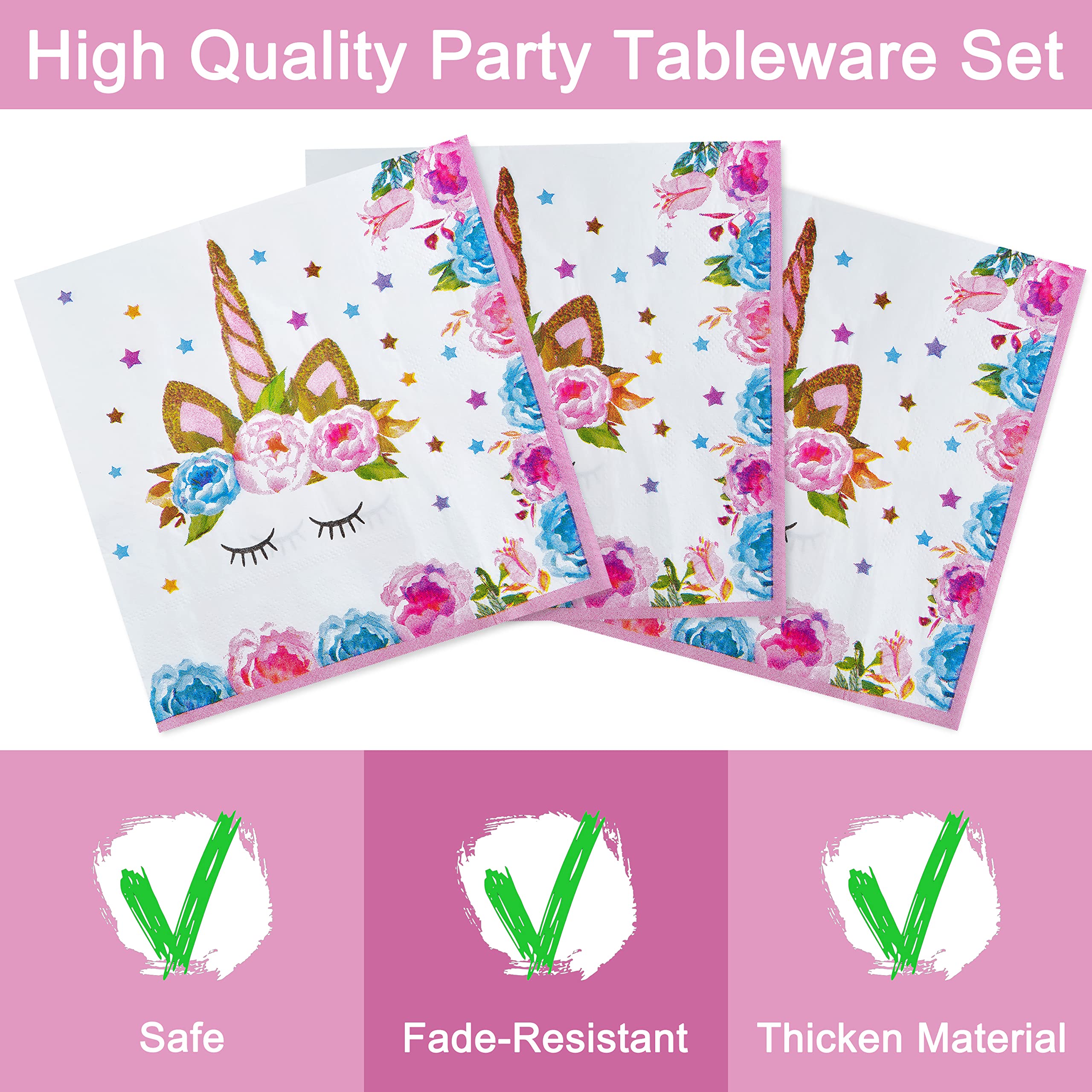 96 Pcs Birthday Party Plates Napkins Forks Supplies Tableware Set Disposable Table Horned Horse Theme Decoration for Girl Birthday Party or Baby Shower, Serves 24 Guests