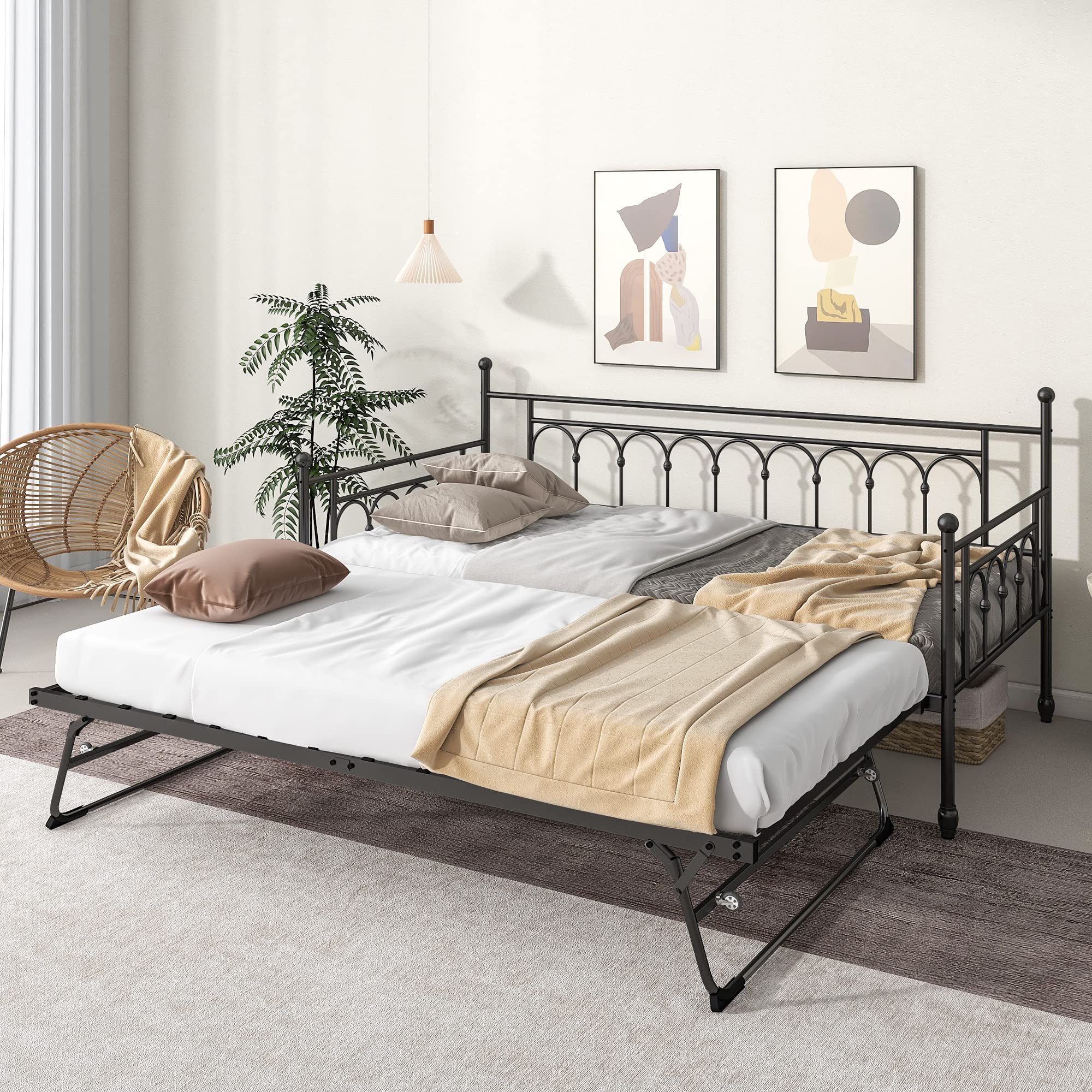 kuurfuurdo Twin Daybed with Trundle, Metal Daybed with Pop Up Trundle, Day Bed with Trundle Bed Twin, Steel Slat Support Sofa Bed for Kids Teens Adults Living Room, No Box Spring Needed