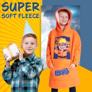 Naruto Fleece Hoodie Blanket for Boys and Teenagers - One Size Kids Oversized Hoodie with Sherpa Lining Gifts for Boys Orange