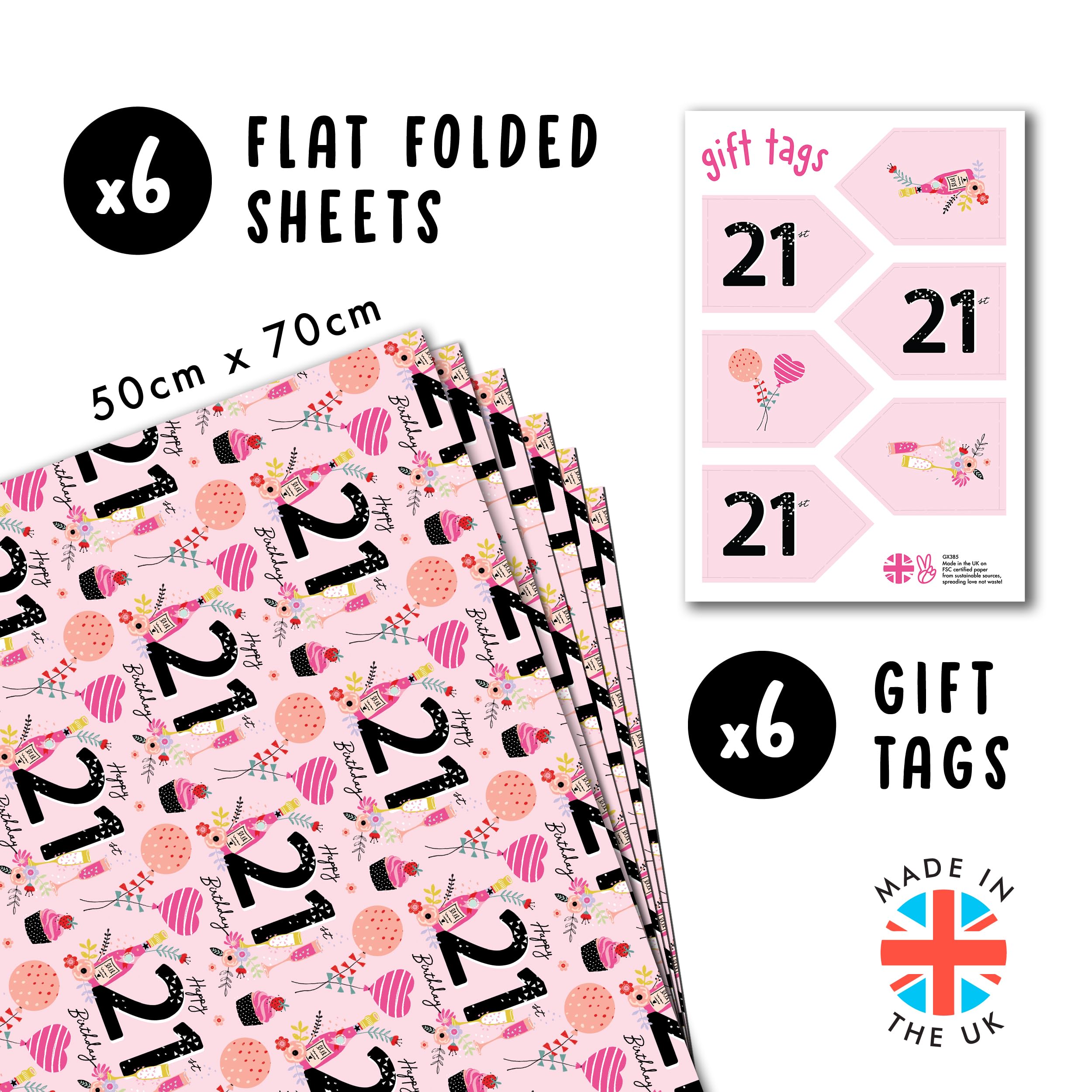 CENTRAL 23 Pink Wrapping Paper for Women - 6 Sheets of Gift Wrap - Party - 21st Wrapping Paper for Her - For Friends or Girlfriend - Age 21 - Comes with Fun Stickers