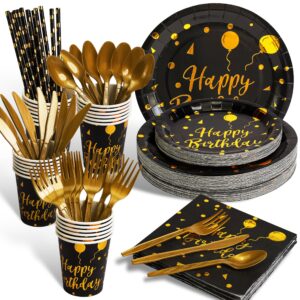 200 pieces of black and gold birthday party supplies, disposable happy birthday tableware set, gold plastic knives, forks, spoons, straws. birthday themed tray, cup,25guests (black)