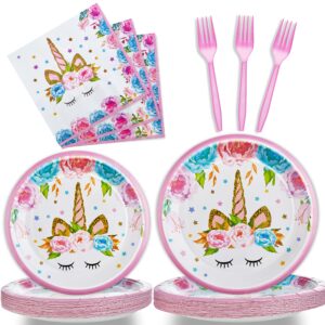 96 Pcs Birthday Party Plates Napkins Forks Supplies Tableware Set Disposable Table Horned Horse Theme Decoration for Girl Birthday Party or Baby Shower, Serves 24 Guests