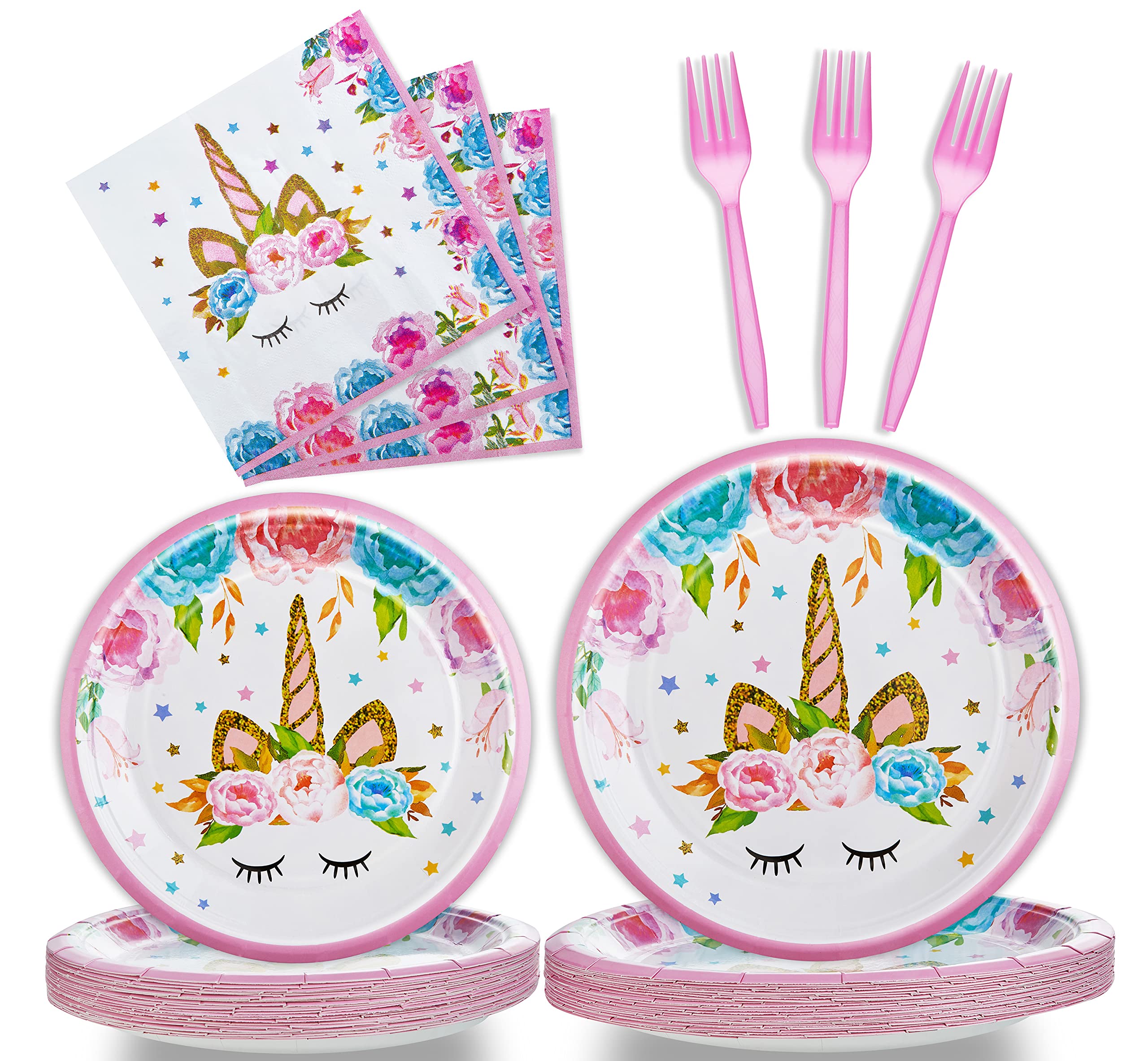 96 Pcs Birthday Party Plates Napkins Forks Supplies Tableware Set Disposable Table Horned Horse Theme Decoration for Girl Birthday Party or Baby Shower, Serves 24 Guests