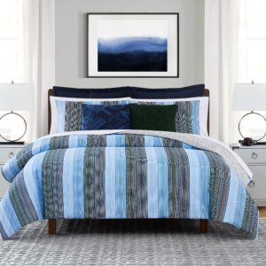 Tommy Hilfiger Tommy Explorer Stripe 200 TC Percale Set of 3 Duvet Set, King Size, 100% Cotton (Denim/Green)