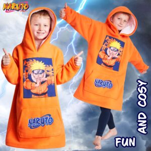 Naruto Fleece Hoodie Blanket for Boys and Teenagers - One Size Kids Oversized Hoodie with Sherpa Lining Gifts for Boys Orange