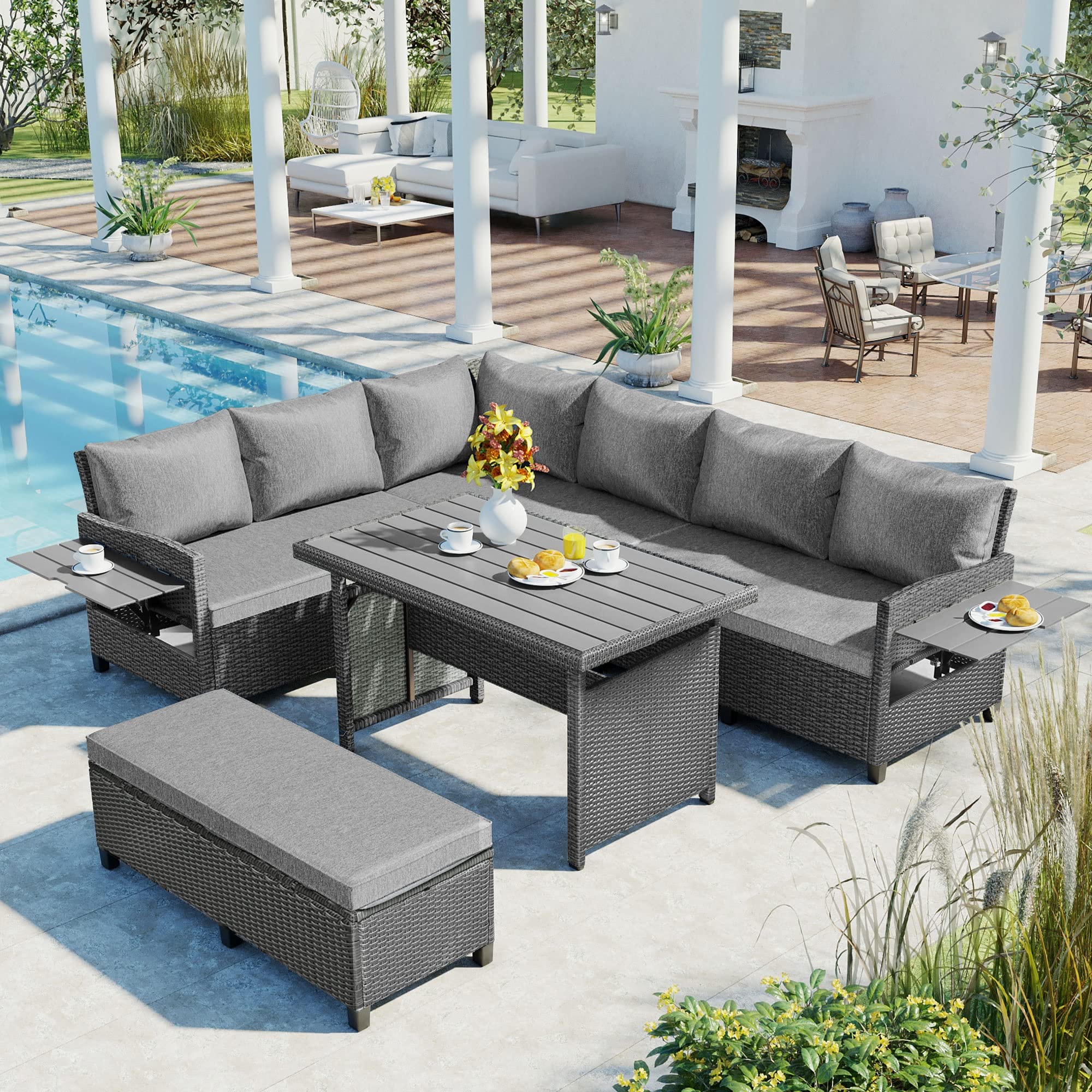 Merax Patio Furniture Sets Outdoor, All Weather Sectional PE Rattan Sofa with 2 Extendable Side, Dining Table and Bench, 5-Piece, Grey