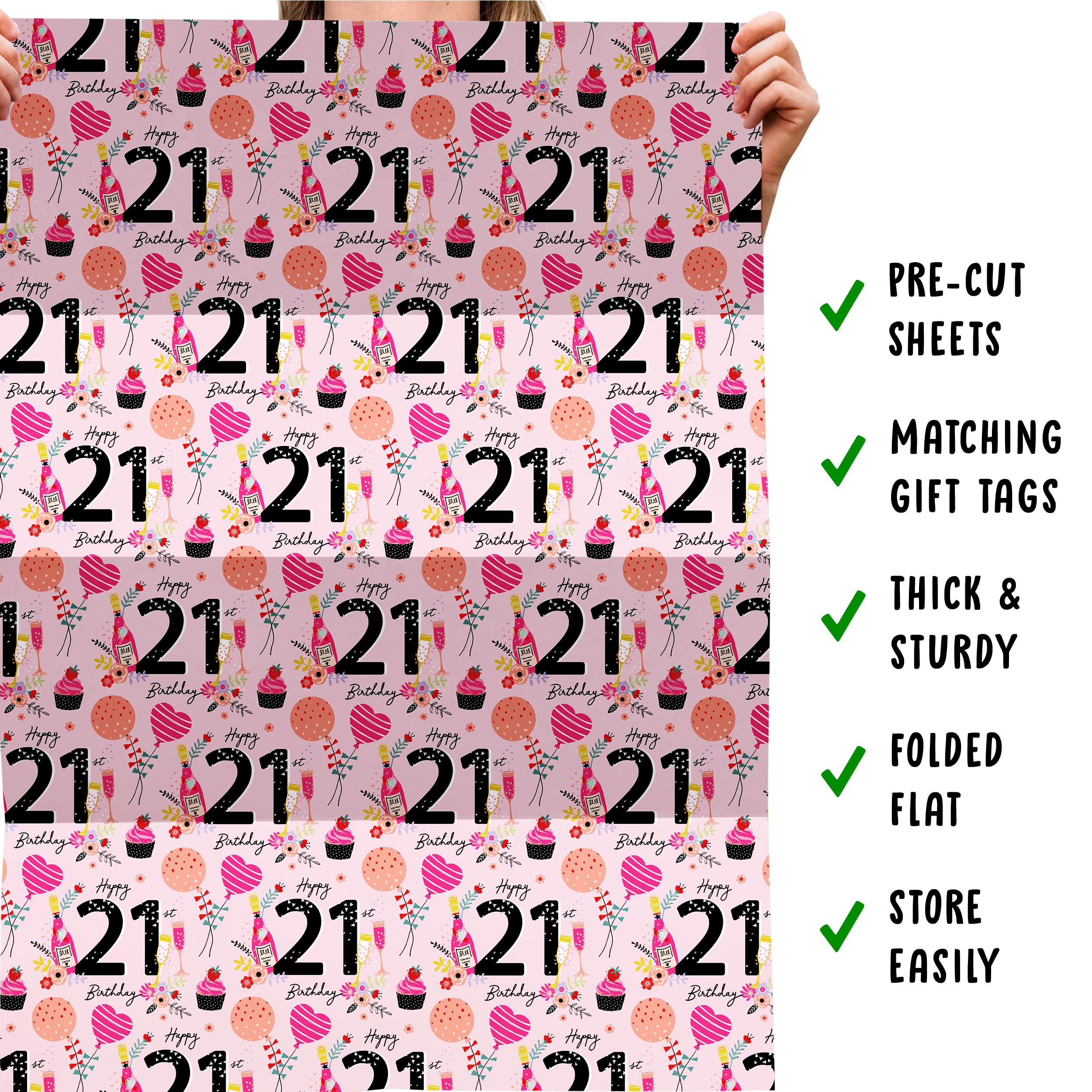 CENTRAL 23 Pink Wrapping Paper for Women - 6 Sheets of Gift Wrap - Party - 21st Wrapping Paper for Her - For Friends or Girlfriend - Age 21 - Comes with Fun Stickers