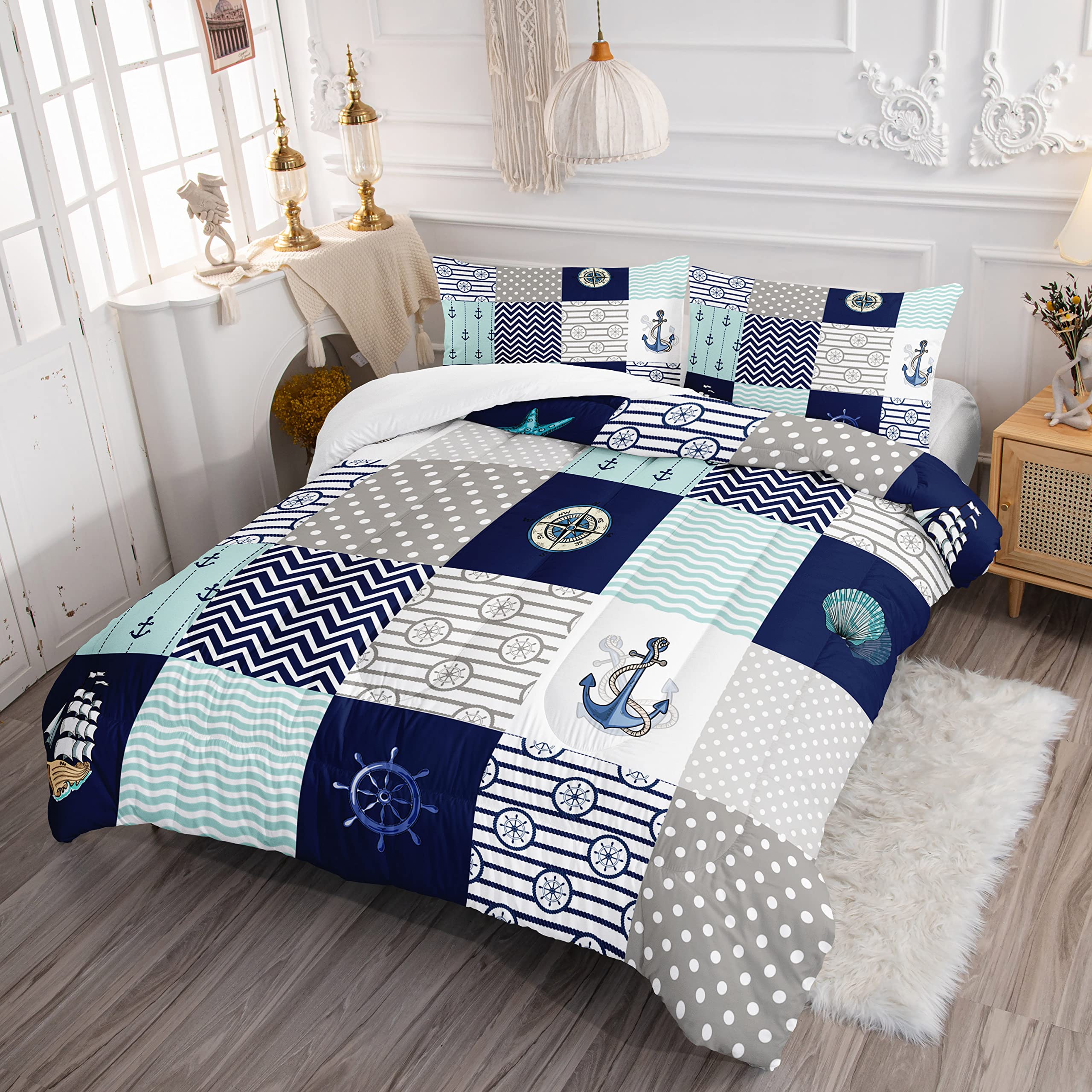 HOSIMA Nautical Comforter Set Queen,Plaid Patchwork Ocean Themed Bedding Sailboat and Anchor Print Kids Bedding Set for Boys Adult Kids Girls,Navy Blue Comforter Queen Size with 2 Pillow Shams.