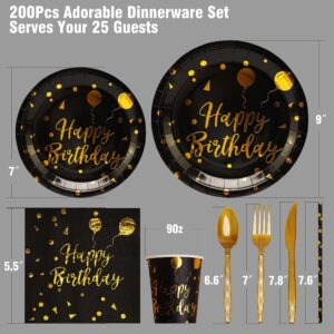 200 pieces of black and gold birthday party supplies, disposable happy birthday tableware set, gold plastic knives, forks, spoons, straws. Birthday themed tray, cup,25Guests (black)