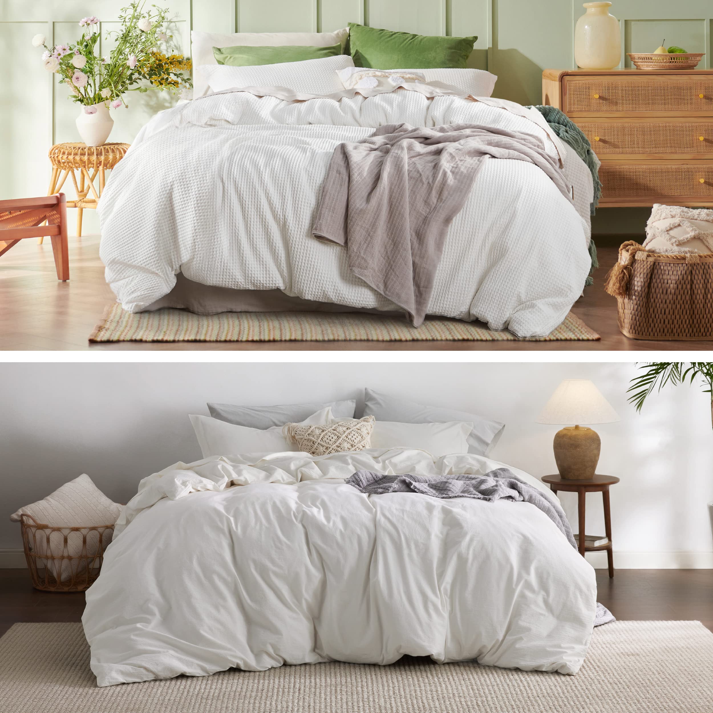 Bedsure 100% Cotton Waffle Weave Coconut White Duvet Cover Set Queen Size 100% Washed Cotton Duvet Cover Cream White Queen Size