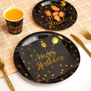 200 pieces of black and gold birthday party supplies, disposable happy birthday tableware set, gold plastic knives, forks, spoons, straws. Birthday themed tray, cup,25Guests (black)