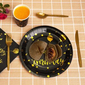 200 pieces of black and gold birthday party supplies, disposable happy birthday tableware set, gold plastic knives, forks, spoons, straws. Birthday themed tray, cup,25Guests (black)