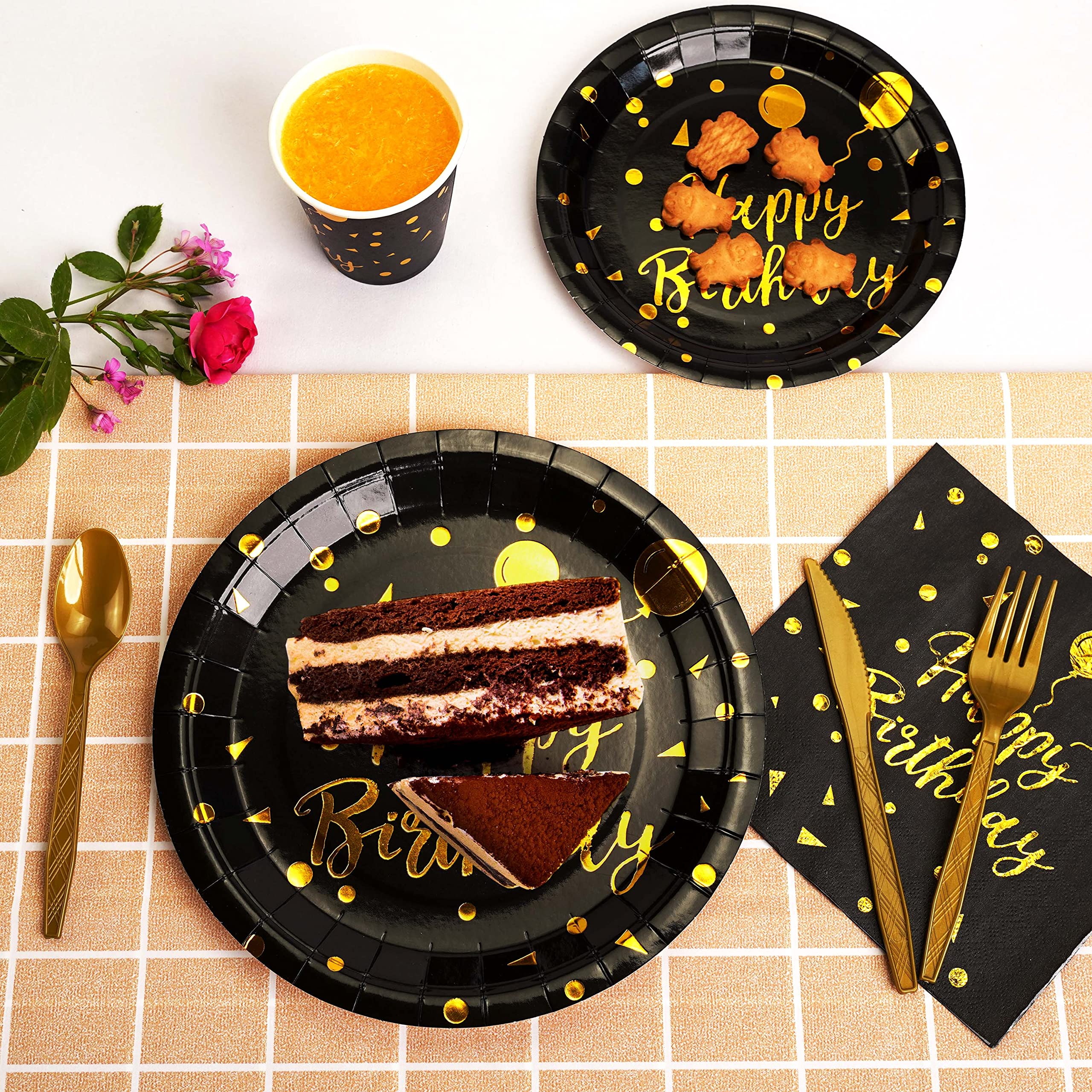 200 pieces of black and gold birthday party supplies, disposable happy birthday tableware set, gold plastic knives, forks, spoons, straws. Birthday themed tray, cup,25Guests (black)