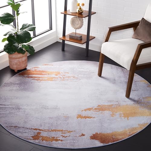 SAFAVIEH Tacoma Collection Area Rug - 6' Round, Grey & Rust, Modern Abstract Design, Non-Shedding & Easy Care, Machine Washable Ideal for High Traffic Areas in Living Room, Bedroom (TAC801P)