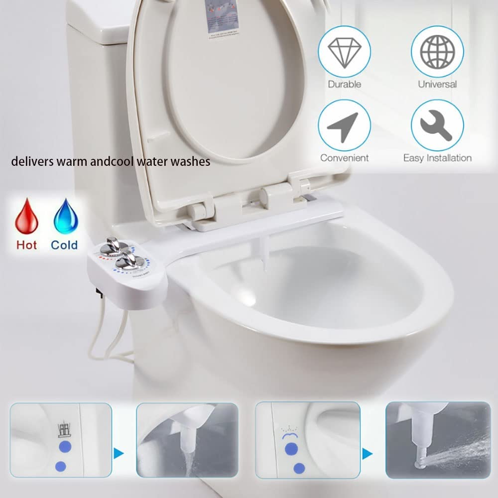 RADAAB Hot and Cold Water Non-Electric Bidet Attachment for Toilet, Self Cleaning and Single Nozzle for Women and Rear Wash (White