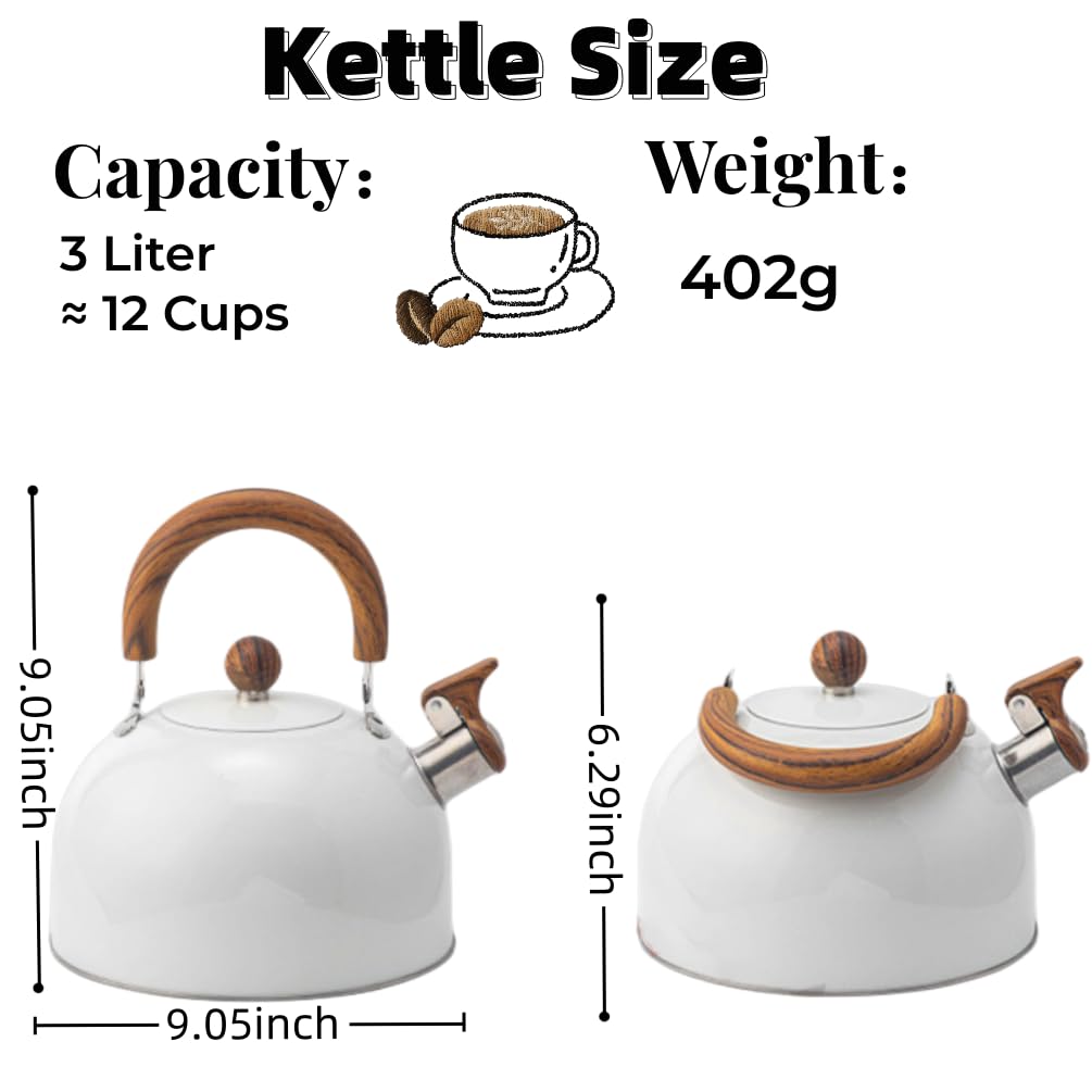 Tea Kettle - 3 Quart Whistling Tea Kettle Stainless Steel Tea Pots for Stove Top Stylish Kettle With Anti-slip Handle Whistle Folding Water Kettle Stovetop Tea Pot for Boiling Water Gift White