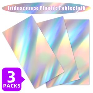 Labeol 3 Pack Iridescent Tablecloth,Shiny Tablecloth for Iridescent Party Decorations, Disposable Plastic Rectangle Laser Table Cover, Holographic Foil Birthday Party Bridal Wedding Christmas Supplies