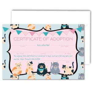 vnwek cat adoption certificate party invitations with envelopes，kitty cat double-sided printed birthday party invitation invite cards for kids，kitten adoption birthday party invites(20 sets)