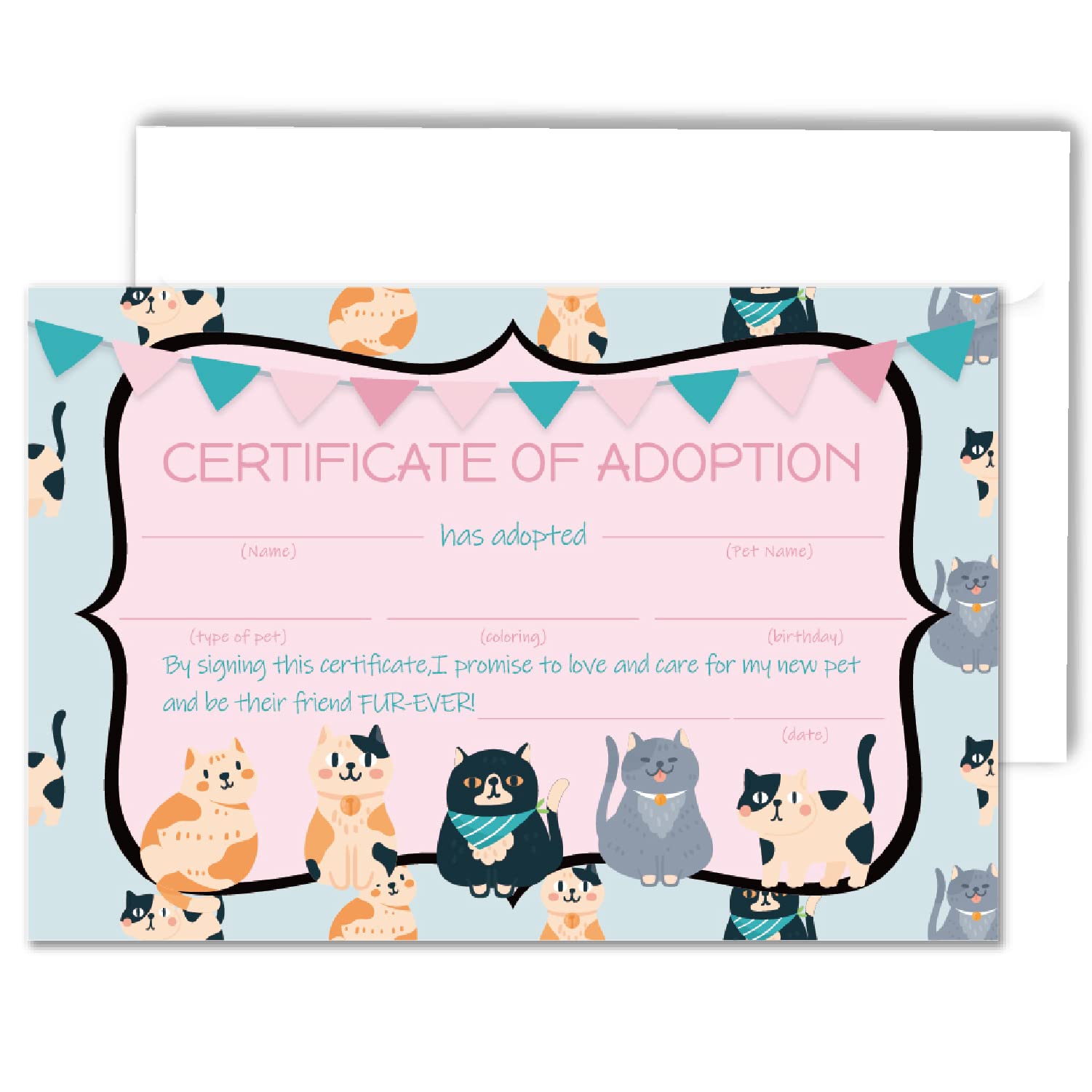 VNWEK Cat Adoption Certificate Party Invitations With Envelopes，Kitty Cat Double-sided Printed Birthday Party Invitation Invite Cards for Kids，Kitten Adoption Birthday Party Invites(20 Sets)