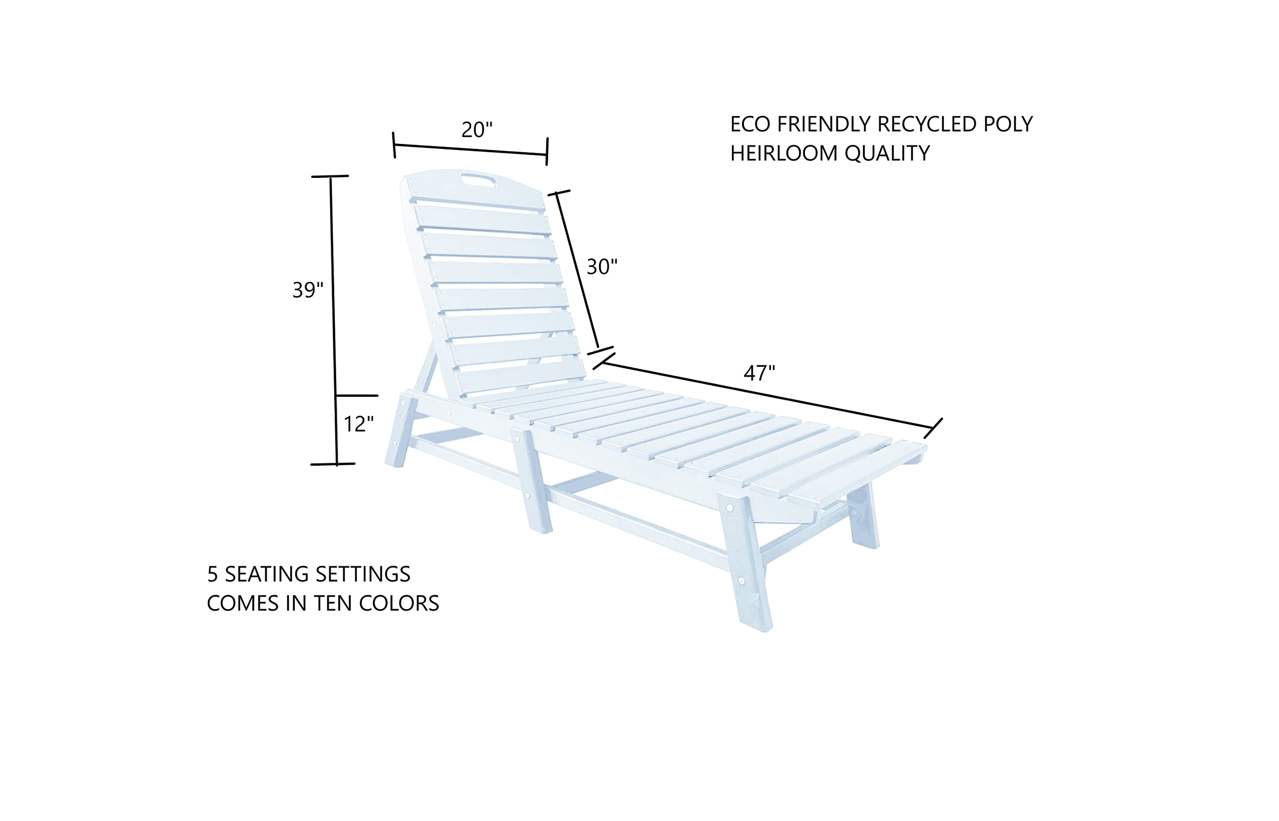 Phat Tommy Outdoor Pool Chaise Lounge, Heavy-Duty Beach Lounger - Folding, HDPE, Recycled Poly Furniture - Reclining Lounge Chair for Patio, Deck, Beach, Cabana, or Poolside, White