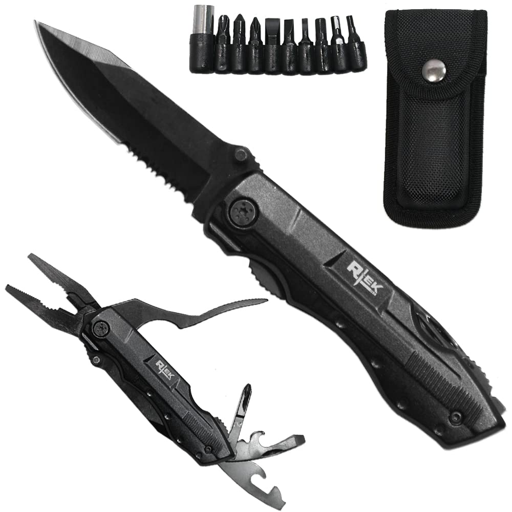 Rtek 4.5" Multi Tool Pocket Knife with Pliers Bottle Opener Screwdrivers & Sheath for Outdoor, Survival, EDC, Camping, and Every Day Carry, Gifts for Men (Black)