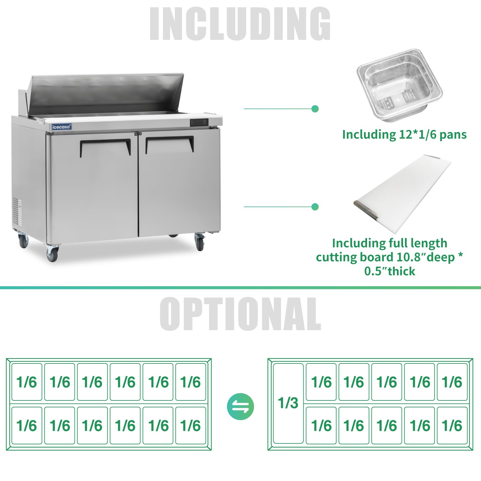 ICECASA 48" W Commercial Refrigerator Sandwich&Salad Prep Table 2 Door Stainless Steel Counter Fan Cooling Refrigerator with 12 pans-48 Inches for Restaurant, Bar, Shop, etc