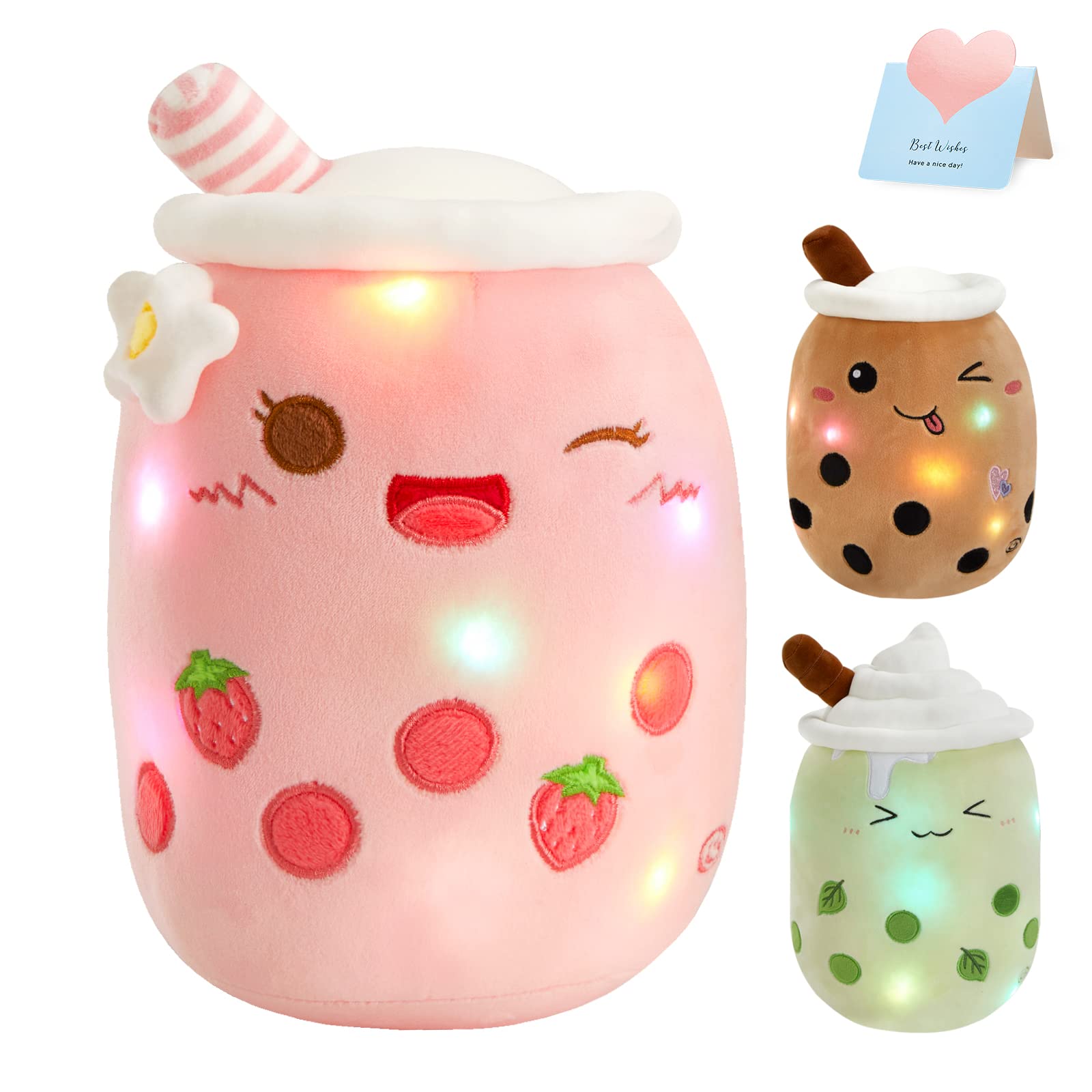 Athoinsu Light Up Strawberry Milky Tea Plush Pillow 15'' Kawaii Stuffed Bubble Animal Toy with LED Lights Birthday Christmas Holiday Valentines Gifts for Kids,Girls,Boys