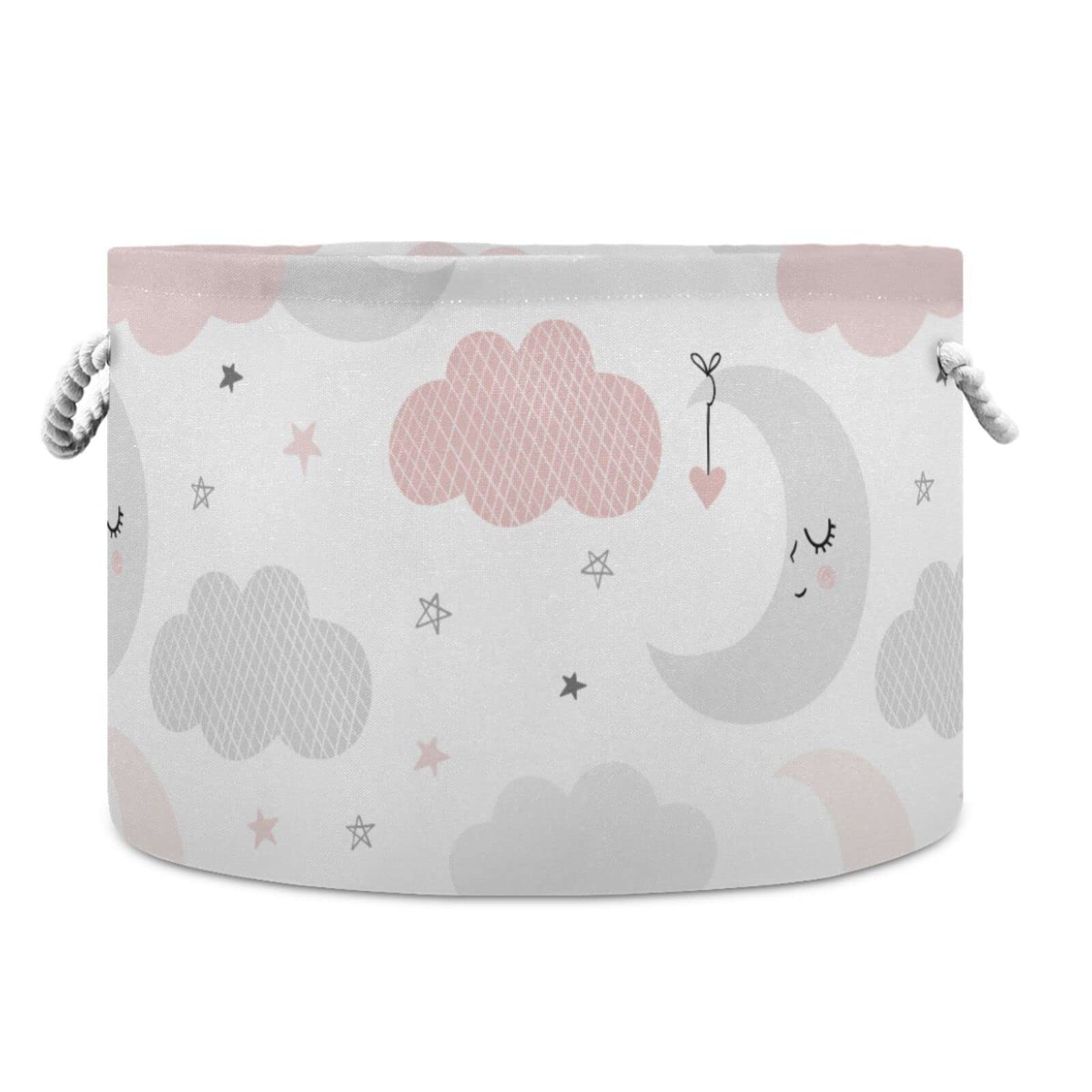 Round Storage Basket Bin Cute Moon Star Collapsible Waterproof Laundry Hamper Baby Nursery Basket Organizer with Handles for Bedroom Closet Toys Gifts