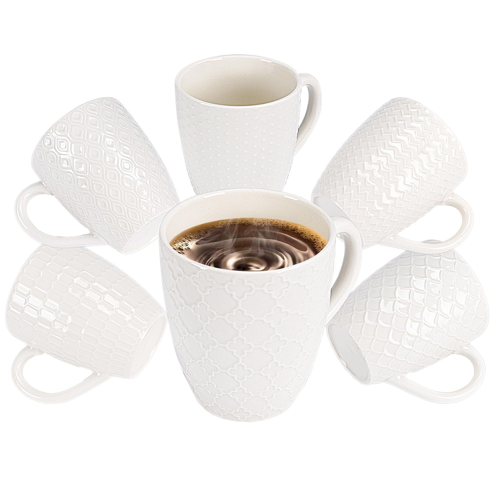 Hoikwo Cream White Coffee Mugs Set of 6, Ceramic Cup Set, 12 oz Artistic Drinkware for Coffee, Tea, and Beverages, Family Pack of 6 Unique Patterns, Microwave Safe and Dishwasher Safe