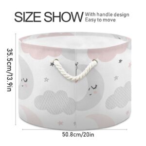 Round Storage Basket Bin Cute Moon Star Collapsible Waterproof Laundry Hamper Baby Nursery Basket Organizer with Handles for Bedroom Closet Toys Gifts