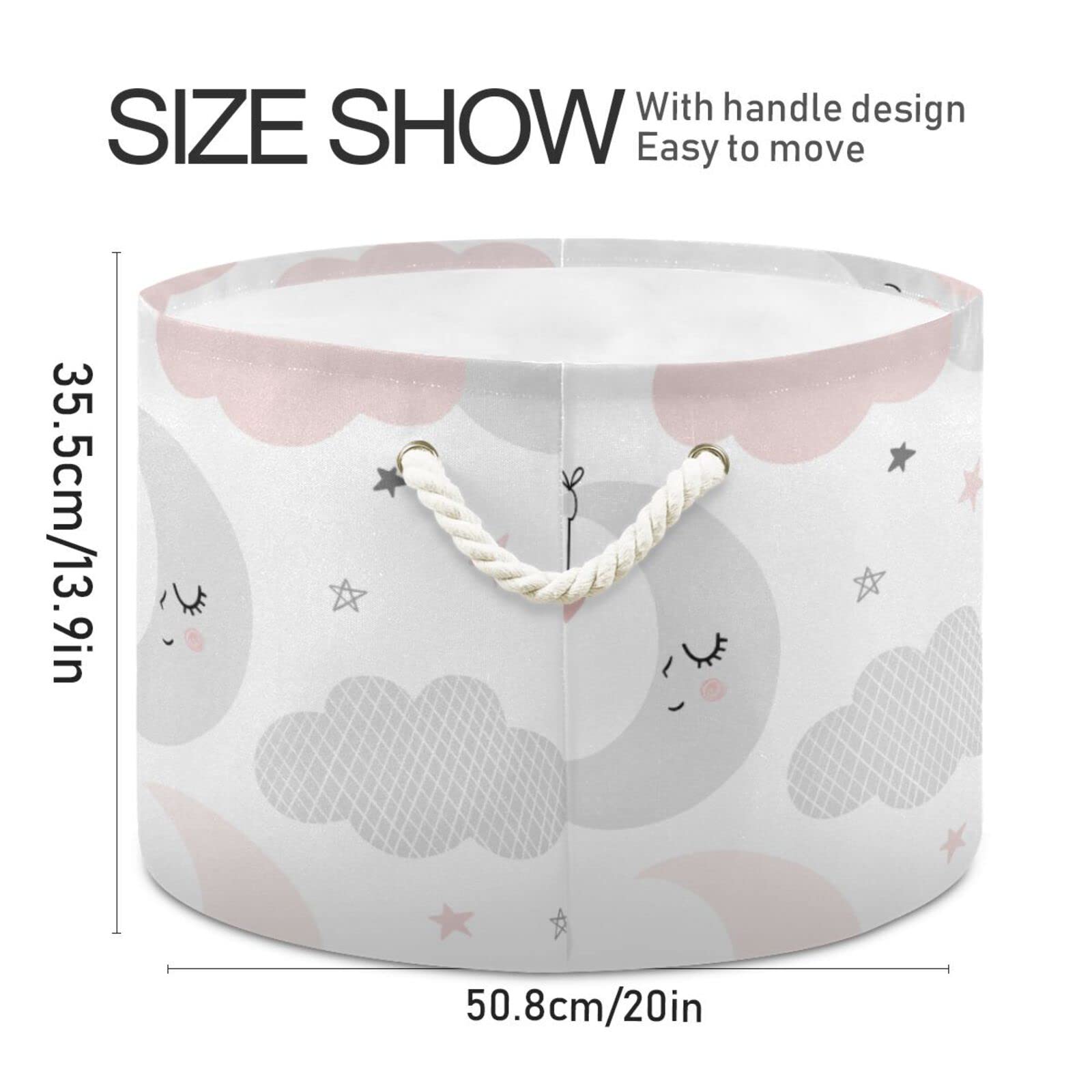 Round Storage Basket Bin Cute Moon Star Collapsible Waterproof Laundry Hamper Baby Nursery Basket Organizer with Handles for Bedroom Closet Toys Gifts