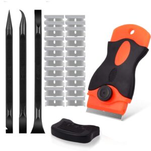 Razor Blade Scraper, 3 Kinds of Two-Way Scratch Free Plastic Scrapers, Edged Razor Blade Scraper Tool with 20 Pcs Razor Blades, Glass Scraper for Windows, Decals, Tint, Stickers, Labels, Caulk