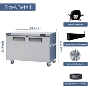 ICECASA 48" W Commercial Freezer Worktop Undercounter Freezer Single Door Stainless Steel Counter Fan Cooling Freezer 13 Cu.ft for Restaurant, Bar, Shop, etc