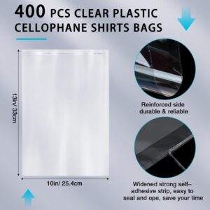 PerKoop 400 Pcs Clear Cellophane Plastic Shirt Bags Thick Self Adhesive Clear Shirt Bags for Packaging with 1400 Pcs Size Stickers 10"x13" Resealable Clothing Bags for Clothes Jeans Small Business