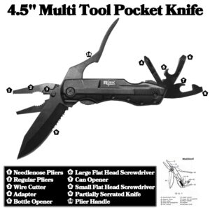 Rtek 4.5" Multi Tool Pocket Knife with Pliers Bottle Opener Screwdrivers & Sheath for Outdoor, Survival, EDC, Camping, and Every Day Carry, Gifts for Men (Black)