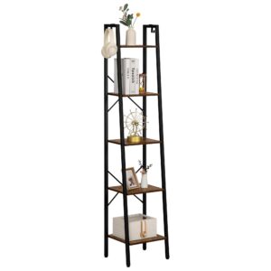 Hzuaneri Ladder Shelf, Bookshelf Bookcase, Freestanding Corner Storage Shelve with 2 Hooks for Home Office, Living Room, Kitchen, Bedroom, Industrial, 5-Tier Rustic Brown BC03201B