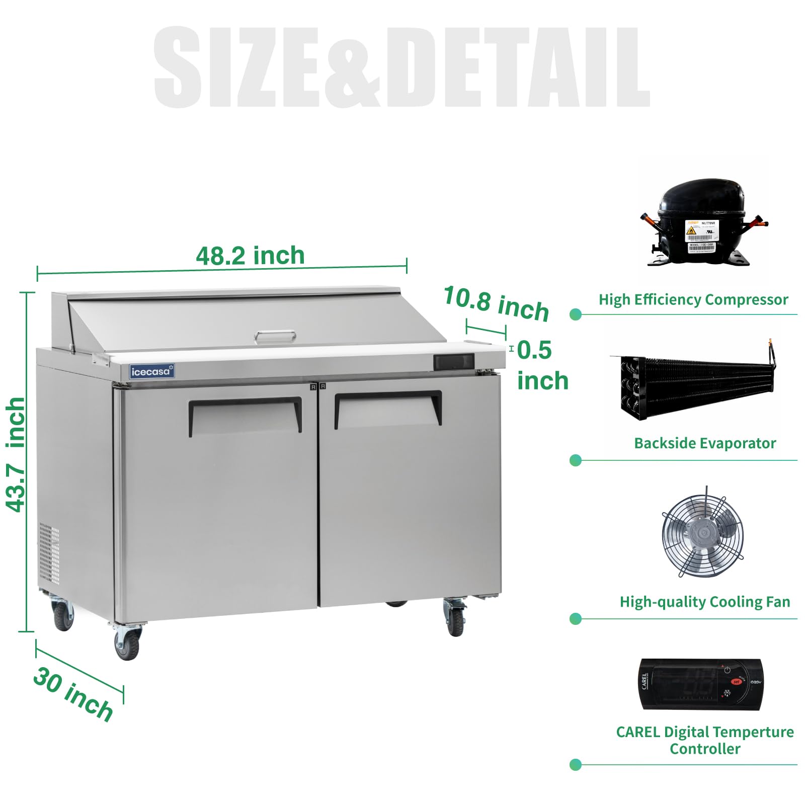 ICECASA 48" W Commercial Refrigerator Sandwich&Salad Prep Table 2 Door Stainless Steel Counter Fan Cooling Refrigerator with 12 pans-48 Inches for Restaurant, Bar, Shop, etc