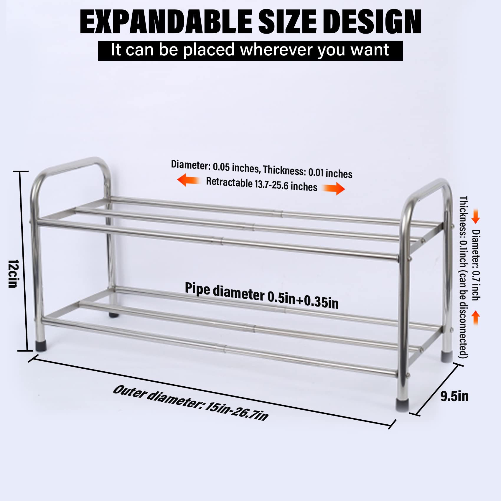 GREATSK 2-Tier Expandable Shoe Rack, Stackable and Adjustable Shoes Organizer Storage Shelf, Sturdy and Durable Metal Structure Free Standing Shoe Rack for Closet Entryway Doorway