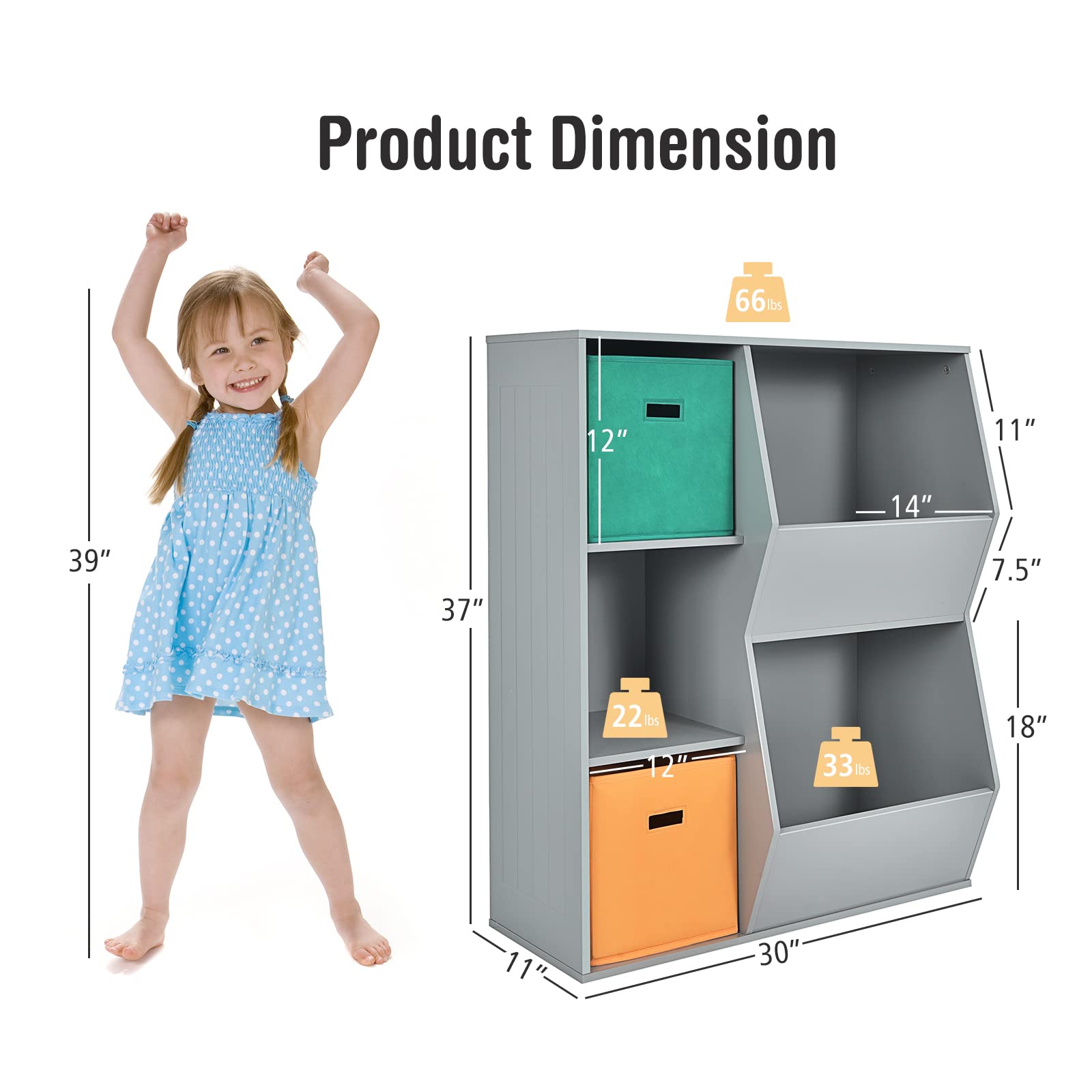 GLOBALWAY 5-Cube Kids Toy Storage Cabinet, Freestanding Children Bookcase w/ 2 Foldable Storage Bins, Open Multi-purpose Storage Display Organizer for Kids Room, Play Room, Hallway, Nursery