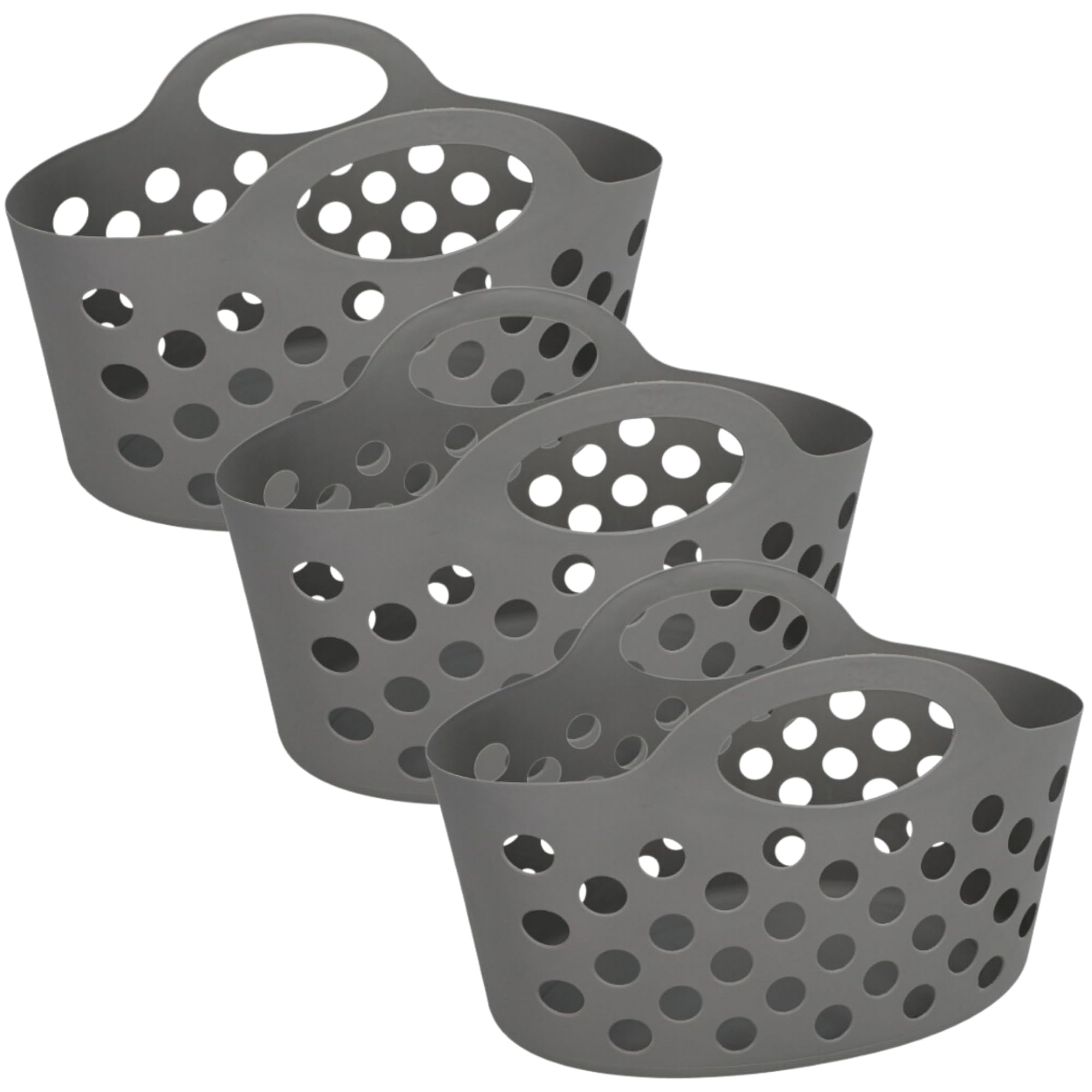 Basket with Handles 3 count Plastic Oval Carry Totes 12"x7"x7" (Dark Gray)