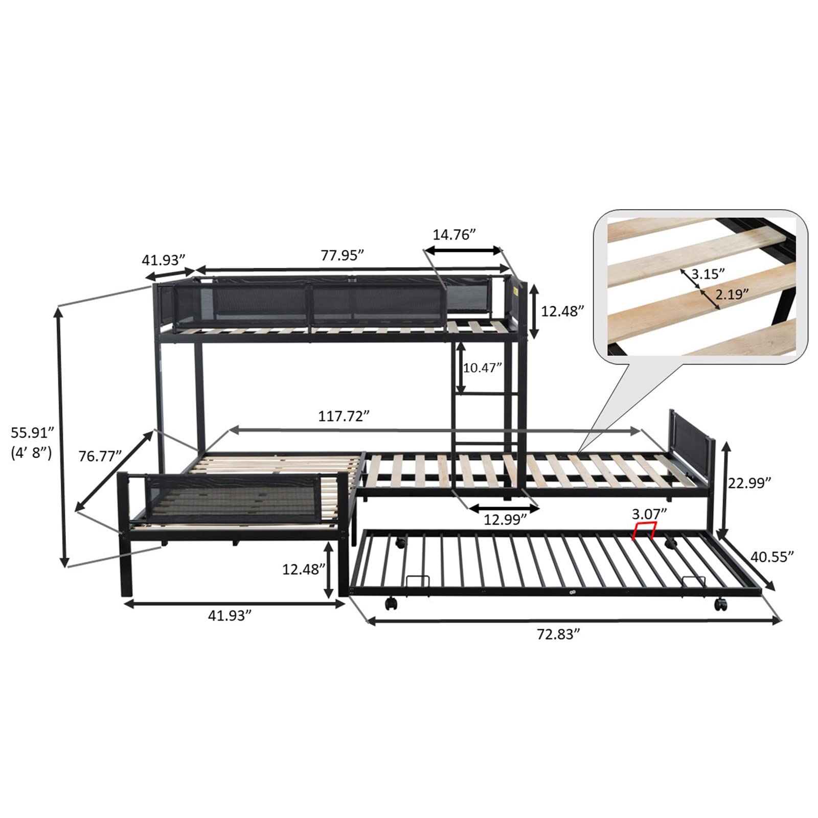 Neylory L-Shape Bunk Bed with Trundle,Triple Bunk Beds Twin Over Twin for 4 Kids,Quad Bunkbed Heavy Duty Metal Frame for Teens Children Toddler