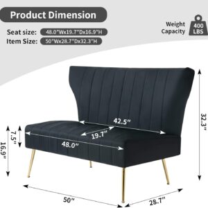 WQSLHX 50’’ Velvet Modern Armless Loveseat Sofa, Upholstered Small Wingback Couch Sofa with Golden Metal Legs, 2 Seater Tufted Couch for Bedroom, Apartment Small Space, Black