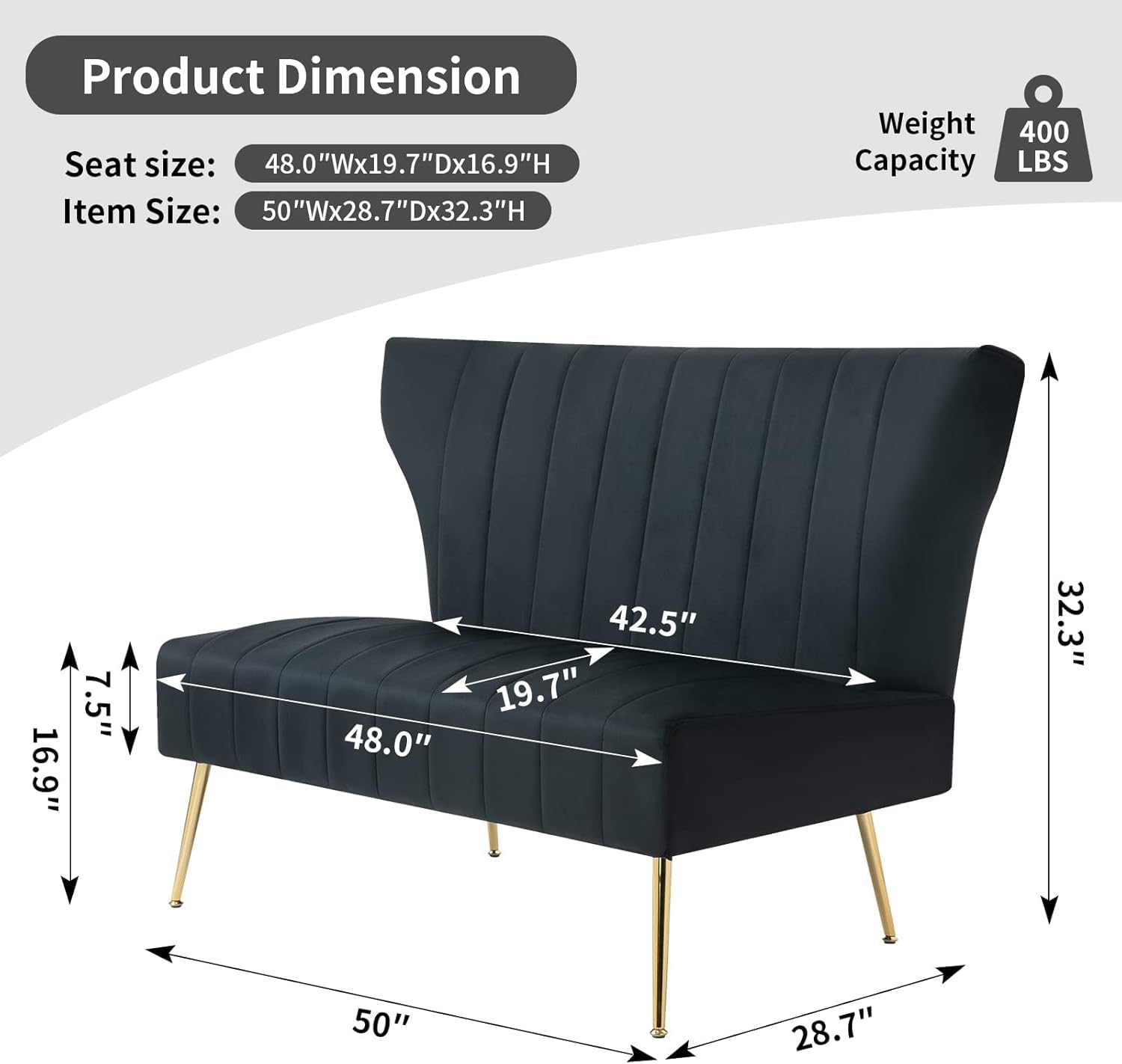 WQSLHX 50’’ Velvet Modern Armless Loveseat Sofa, Upholstered Small Wingback Couch Sofa with Golden Metal Legs, 2 Seater Tufted Couch for Bedroom, Apartment Small Space, Black