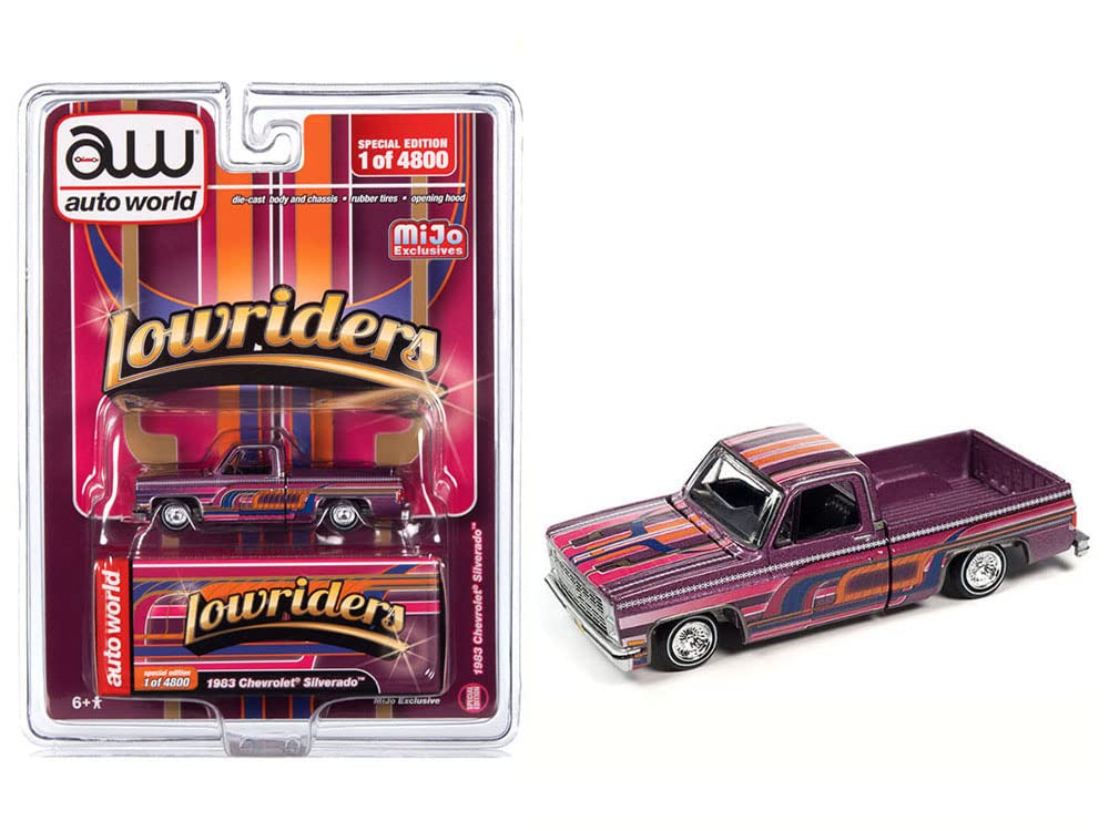 1983 Chevy Silverado Pickup Truck Purple Met. w/Graphics Lowriders Ltd Ed to 4800 Pieces Worldwide 1/64 Diecast Model Car by Auto World CP8026