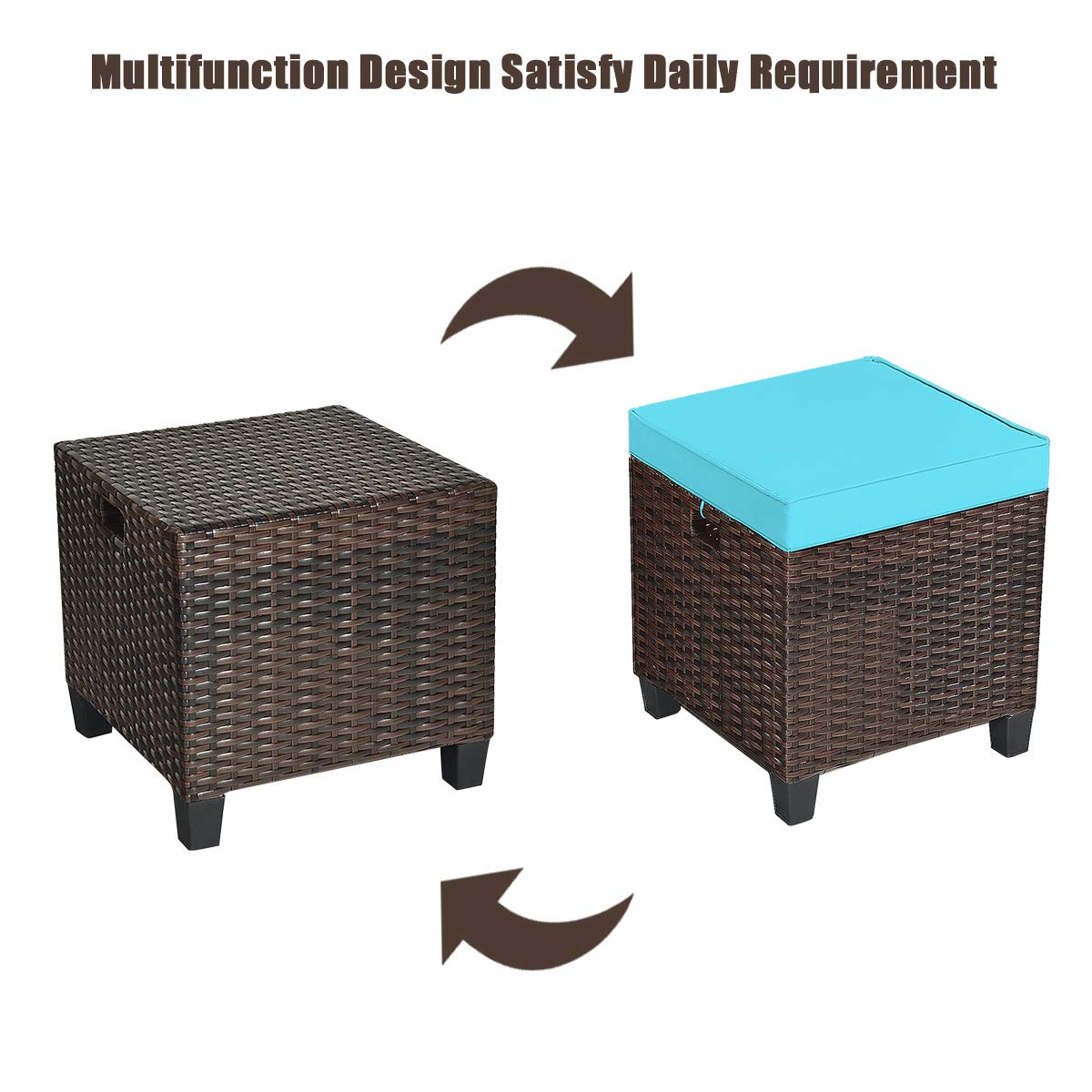 ORALNER Set of 2 Outdoor Ottoman, 16" Wicker Footstools, All-Weather Rattan Cube Foot Stool w/Removable Cushions, Square Footrest Extra Seating for Patio, Porch, Deck, Easy Assembly (Turquoise)