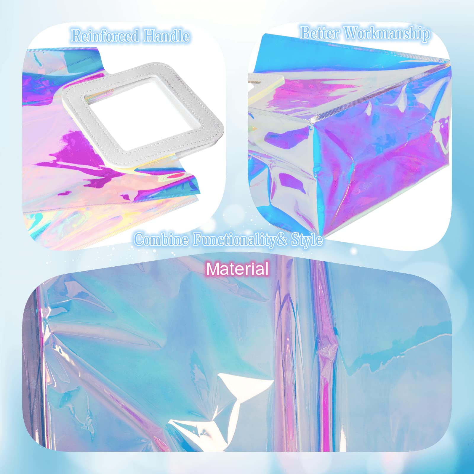 Holographic Small Gift Bags 2 Pack 7.9 * 7.1 * 3.9 Inch with Handles for Women, Girls, Birthday, Christmas, Bachelorette Party Favors, Shopping Reusable Clear Gift Wrap Bag