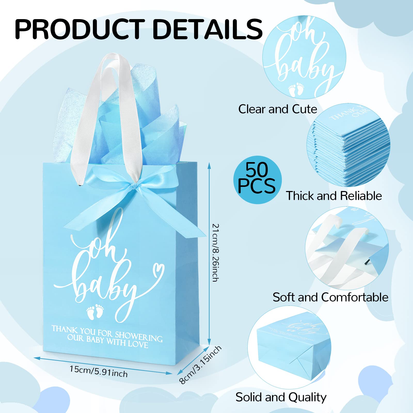 PerKoop 50 Pack Baby Shower Gifts Bag with Tissue Papers Baby Shower Bag with Handle Paper Gift Bag and 50 Sheets Decorative Tissue Paper for Guests Gifts Gender Reveal Baby Shower Favors (Blue)