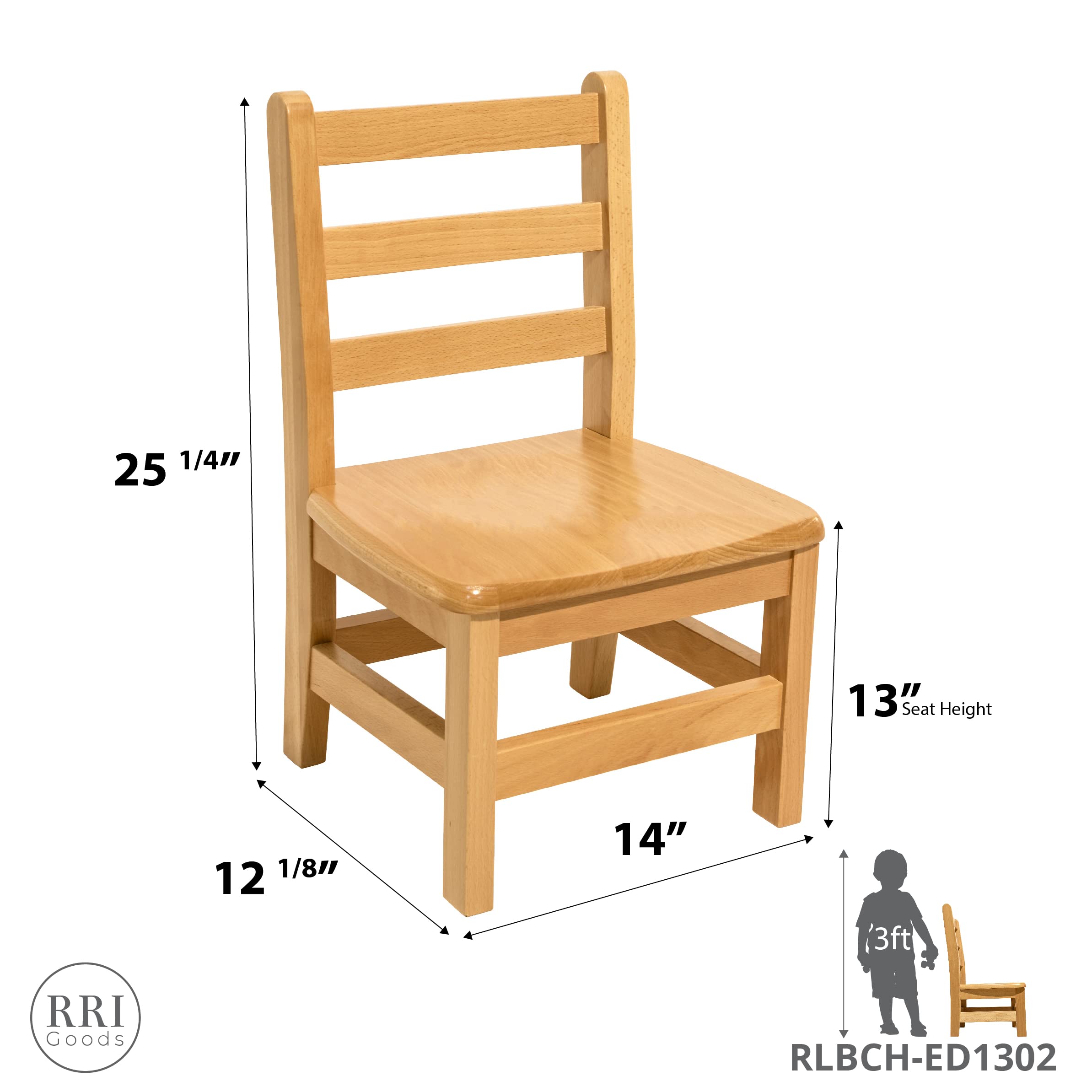 RRI Goods Kids Wooden Chair Set, Fully Assembled Youth Ladderback Wood Chairs for Children, 13" Seat Height for Ages 6-9 (Set of Two)