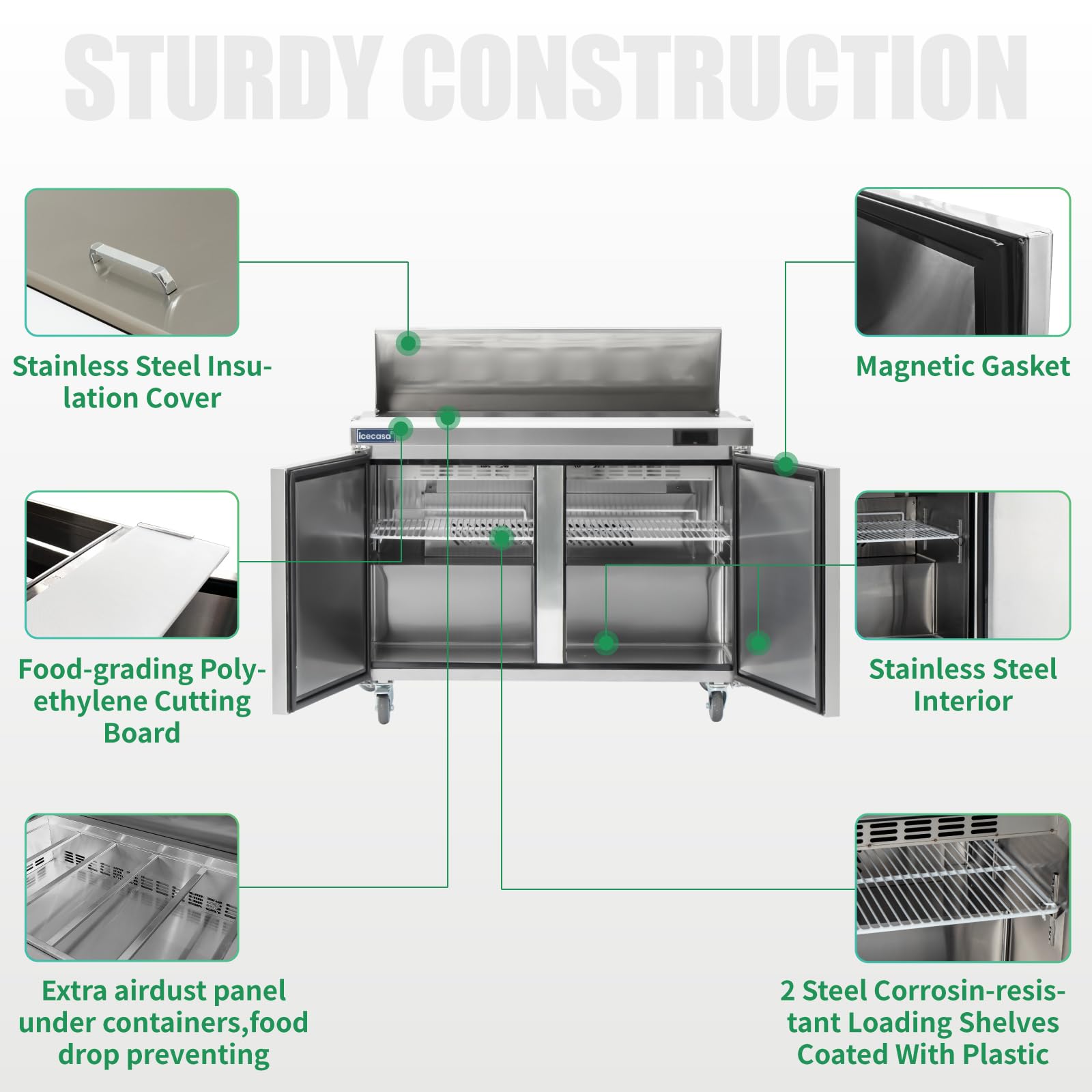 ICECASA 48" W Commercial Refrigerator Sandwich&Salad Prep Table 2 Door Stainless Steel Counter Fan Cooling Refrigerator with 12 pans-48 Inches for Restaurant, Bar, Shop, etc