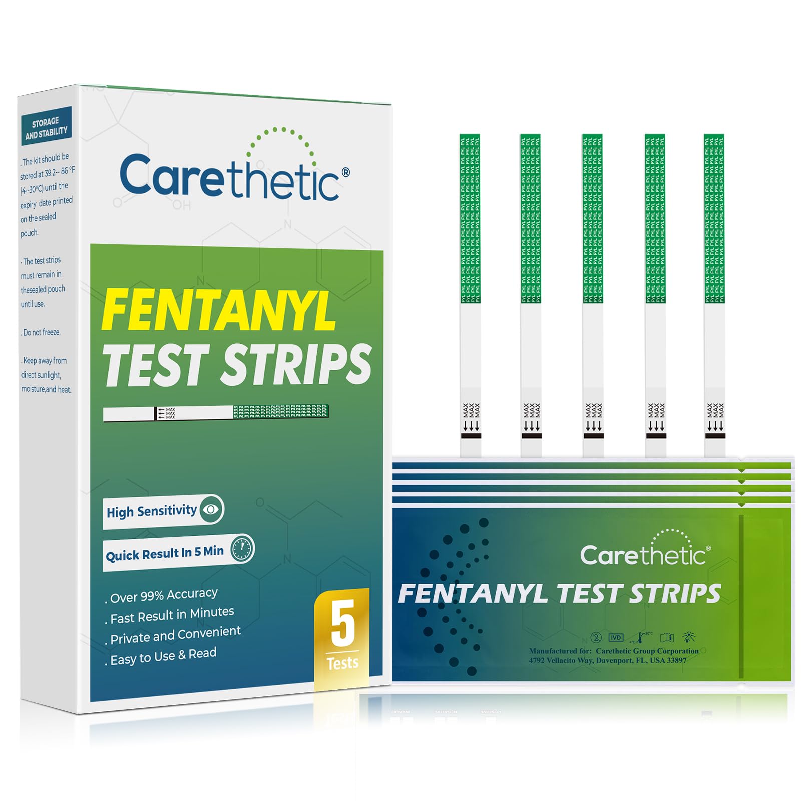 Fentanyl Test Strips - [5 Pack] Carethetic Fentanyl Testing Strips for Testing Drugs - Fentanyl Test Kit for Powder, Liquid & Pills | Quick & Highly Sensitive